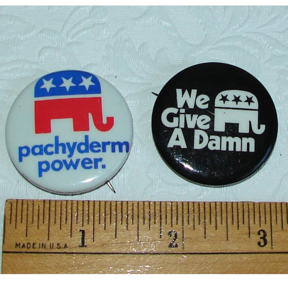 Vtg Pinback Button Lot of 2: GOP Republican 'Pachyderm Power' & 'Give a D*mn'